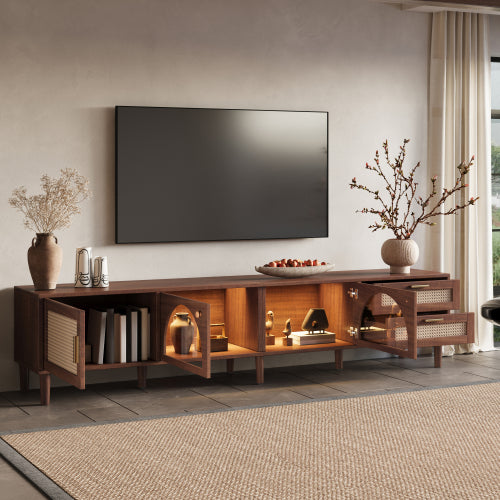 86 inch TV Stand for TVs Up to 90 inch, Rattan Media Console with LED Lights, Drawers & Glass Storage