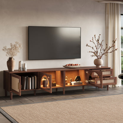 86 inch TV Stand for TVs Up to 90 inch, Rattan Media Console with LED Lights, Drawers & Glass Storage