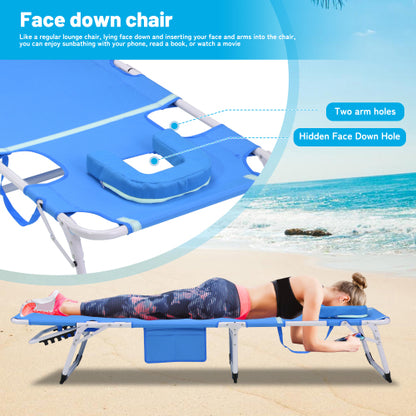 3-in-1 Heavy Duty Tanning Chair with Face Hole Adjustable 5-Position Folding Chaise Lounge Chairs for Outside Portable Lay Flat Beach Lounge Chair for Outdoor