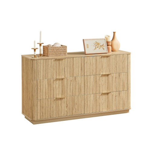 6 Drawers Dresser,55" Wide Modern Chest of Drawers Curved wave Design, Dresser TV Stand, Wood Drawer Organizer for Bedroom, Living Room, Hallway, Walnut,55.12''W x 15.75''D x 31.5''H.