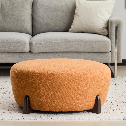Round Boucle Ottoman, Pumpkin Orange Upholstered Footrest with Splayed Rubber Wood Legs, Multi-Scene Accent Stool