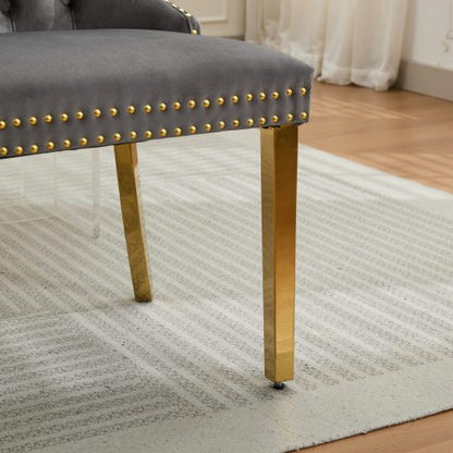 Velvet Double Dining Loveseat Bench, Kitchen & Dining Seating, 2-Seat Tufted Bench w/Handmade Buttons, Wing Back, Gold-Plated Steel Legs, Mid Century Modern,Single Pack,Gray,