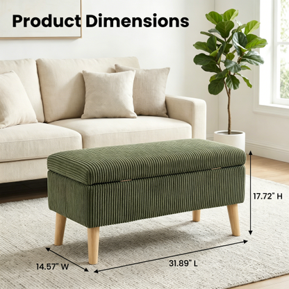32 inch Olive Green Corduroy Flip-Top Storage Ottoman Bench, Wooden Leg Upholstered End of Bed & Entryway Stool