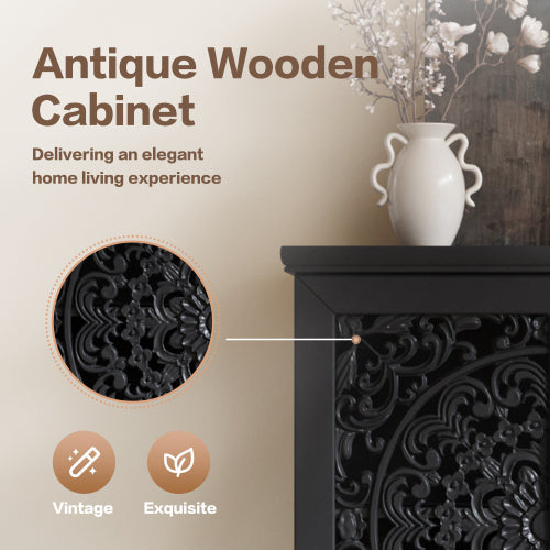 55 Inch Rustic Storage Cabinet with Drawer Carved Doors Black Accent Cabinet