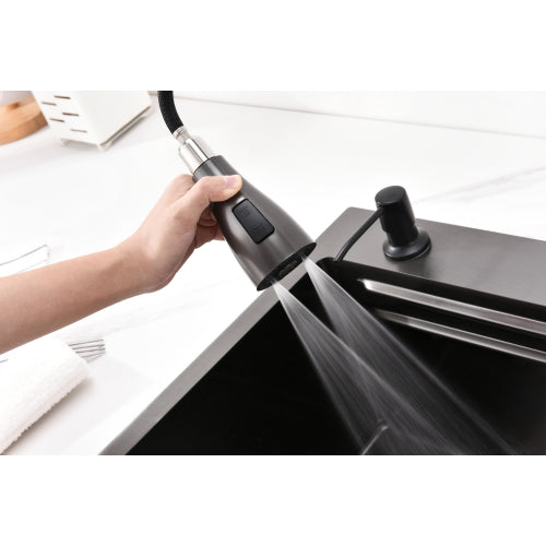 Waterfall Kitchen Sink, Stainless Steel Single Bowl in Black, Multifunctional Workstation with Flying-rain Faucet and Cutting Board, 30×18″ Stainless Steel Single Bowl Sink, LS-SSBL05