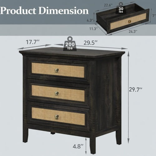 29.5-Inch Wide Boho Nightstand with 3 Drawers, Tall Rattan End Table with Storage