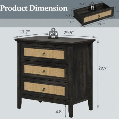 29.5-Inch Wide Boho Nightstand with 3 Drawers, Tall Rattan End Table with Storage