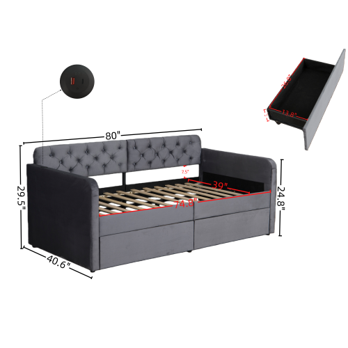 Twin Size Upholstered Daybed with 2 Storage Drawers and USB Charging Design, Velvet Upholstered Daybed Frame, Twin Sofa Bed for Living Room Bedroom, No Box Spring Needed,Plush Velvet Fabric