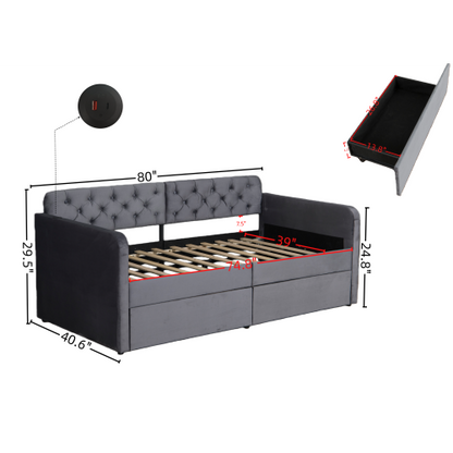 Twin Size Upholstered Daybed with 2 Storage Drawers and USB Charging Design, Velvet Upholstered Daybed Frame, Twin Sofa Bed for Living Room Bedroom, No Box Spring Needed,Plush Velvet Fabric