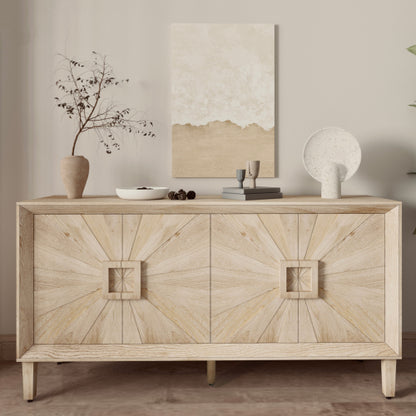 60 Inch American Farmhouse Retro Wooden Credenza Sunburst Pattern Door Adjustable Shelf Heavy-Duty TV Stand