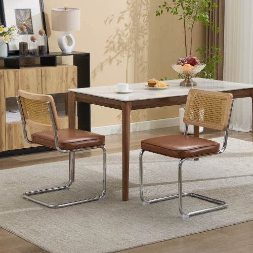 Set of 2 Mid-Century Cane Rattan Dining Chairs, Solid Wood Frame, Olive Faux Leather Seat, Cantilever Chrome Metal Base