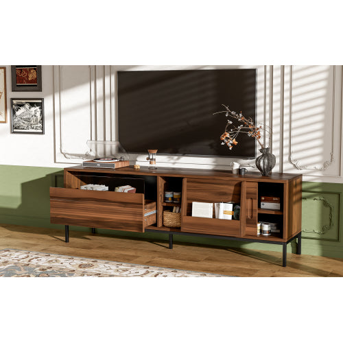 Modern 75 Inch TV Stand with Sliding Doors Walnut Media Console