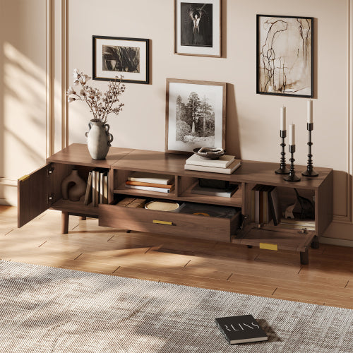 66.9 Inch Dark Brown Rattan TV Stand with Soft-Closing & Drop-Down Doors for 75 Inch TV
