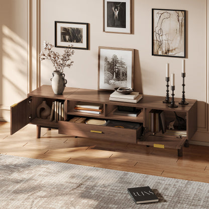 66.9 Inch Dark Brown Rattan TV Stand with Soft-Closing & Drop-Down Doors for 75 Inch TV