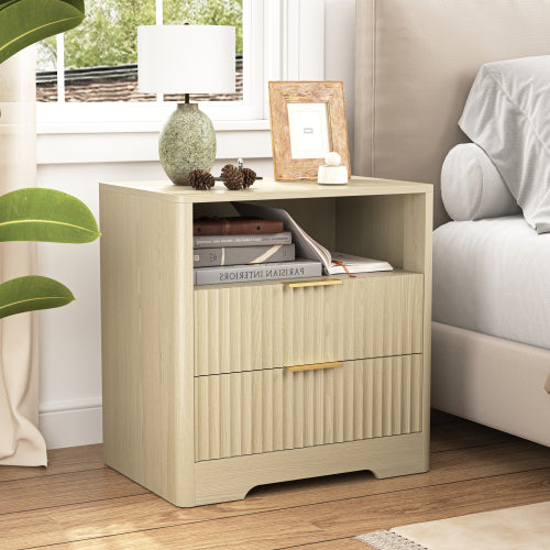 Wood Smart Nightstand, 7-Color Voice Control Night Light & Built-In Charging Station