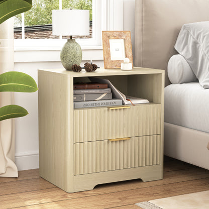 Wood Smart Nightstand, 7-Color Voice Control Night Light & Built-In Charging Station