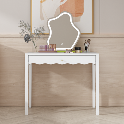 White 35.43inch  Vanity Desk with Drawer ¨C Modern Makeup Table with Scalloped Front & Gold Knob, Compact Writing Desk with 4 Sturdy Legs for Bedroom, Small Home Office & Apartment Spaces