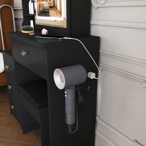 Contemporary Black Vanity Desk with LED Mirror, 4 Drawers & Open Storage, Outlet & Dryer Holder, Includes Dressing Chair