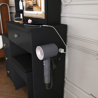 Contemporary Black Vanity Desk with LED Mirror, 4 Drawers & Open Storage, Outlet & Dryer Holder, Includes Dressing Chair