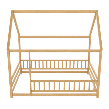 Full Size Floor Wooden Bed with House Roof Frame, Fence Guardrails,Natural