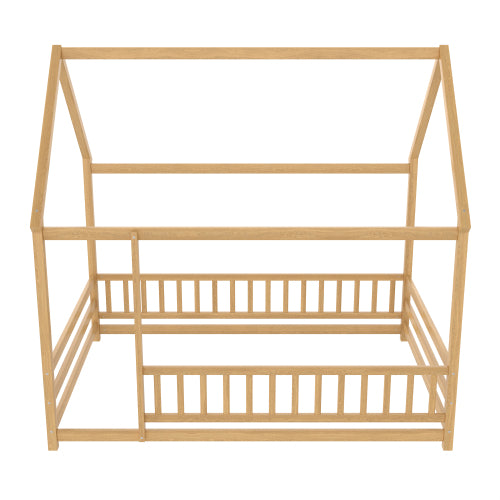 Full Size Floor Wooden Bed with House Roof Frame, Fence Guardrails,Natural