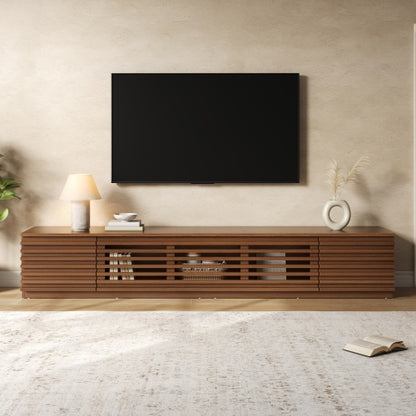 86.6 inch Walnut Legless Horizontal Slat Flip Door TV Stand Low Profile Media Console Fits 90 inch TV