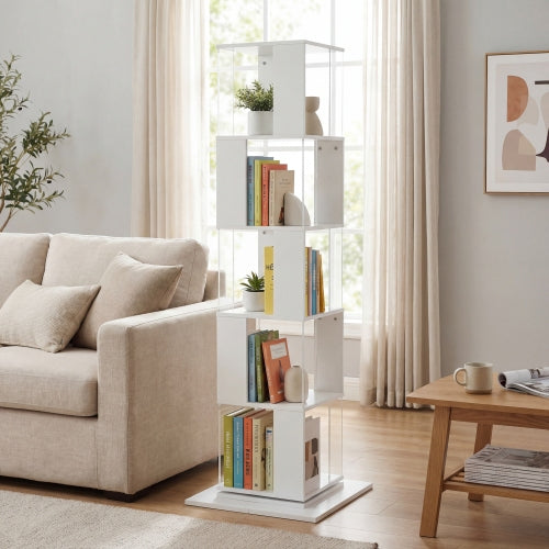 5-Tier 360° Rotating Bookshelf Wood Veneer & Acrylic Panel Anti-Tip Base Modern Home Display Storage Rack