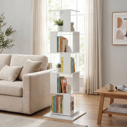 5-Tier 360° Rotating Bookshelf Wood Veneer & Acrylic Panel Anti-Tip Base Modern Home Display Storage Rack
