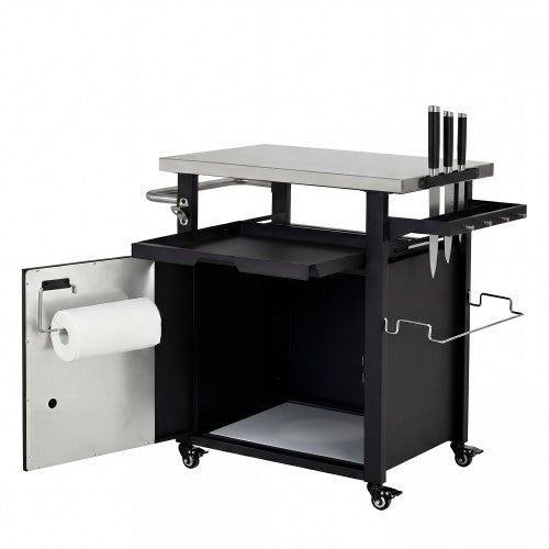 39.5 inch Outdoor Grill Cart with Storage Cabinet, Outdoor Bar Cart Pizza Oven Table with Wheels, Stainless Steel Top, Outdoor Kitchen Island with Spice & Paper Rack for BBQ, Waterproof Cover Included
