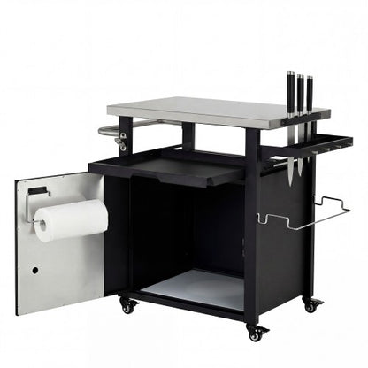 39.5 inch Outdoor Grill Cart with Storage Cabinet, Outdoor Bar Cart Pizza Oven Table with Wheels, Stainless Steel Top, Outdoor Kitchen Island with Spice & Paper Rack for BBQ, Waterproof Cover Included