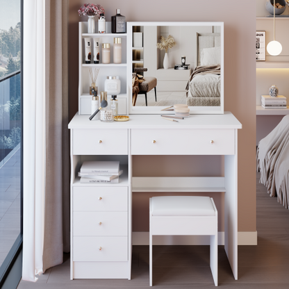 37inch  Middle Size Left Drawer Desktop Vanity Table + Cushioned Stool, Extra Large Right sliding mirror, Multi Layer High Capacity Storage, Practical Fashionable Dresser, Suitable For Large Space
