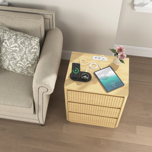 Natural Wood 3-Drawer Nightstand Set with USB-C Charger