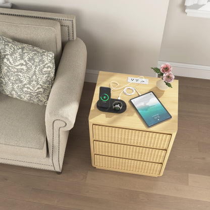 Natural Wood 3-Drawer Nightstand Set with USB-C Charger
