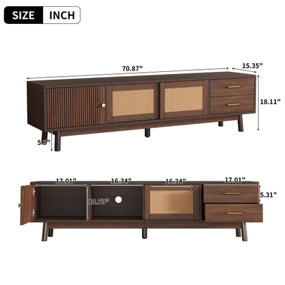 70.86 Inch Dark Brown PE Rattan Sliding Door TV Stand Solid Wood Leg Media Console For 80 Inch TV