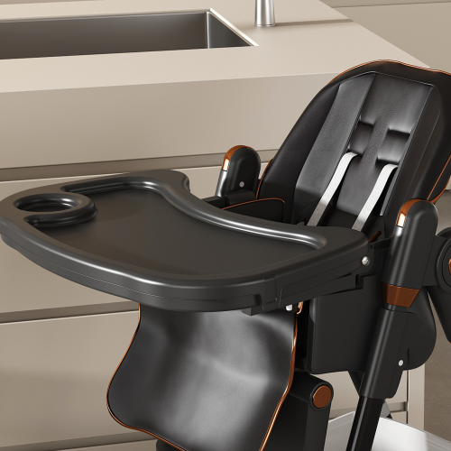 Black Foldable Baby High  Dining  Chair for 0-6 Years, 5 Height Adjustable, 5-Point Safety Belt, Lockable Wheels
