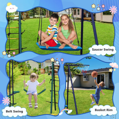 6 in 1 Swing Set With Climbing Ladder, Climbing Net, Glider, Hammock Swing, Belt Swing, Basketball hoop for Backyard