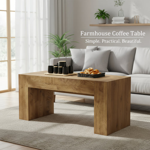48 Inch Farmhouse Wooden Coffee Table with Hidden Drawer, Natural Wood