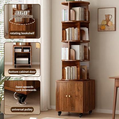 Walnut 5-Tier Rotating Bookshelf with Closed Drawer, Retro Solid Wood Narrow Corner Home Book Organizer