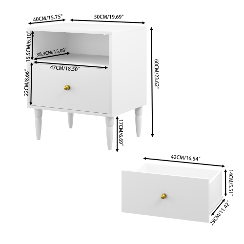Modern White Nightstand with Drawer and Open Shelf, Bedside Table with Gold Knob, Solid Wood Legs, Small End Table for Bedroom, Living Room