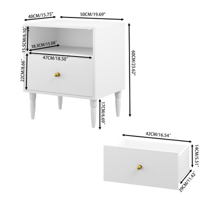 Modern White Nightstand with Drawer and Open Shelf, Bedside Table with Gold Knob, Solid Wood Legs, Small End Table for Bedroom, Living Room