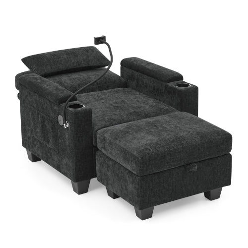Black Manual-Adjust Recliner Chair with USB, Storage & Ottoman