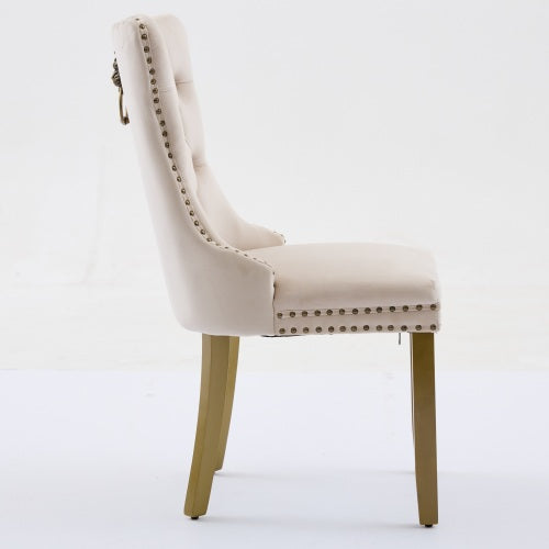 Mid-Century Modern Velvet Dining Chairs Set of 2 with Lion Head Pull Ring, Tufted Upholstered Chair, Beige