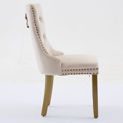 Mid-Century Modern Velvet Dining Chairs Set of 2 with Lion Head Pull Ring, Tufted Upholstered Chair, Beige
