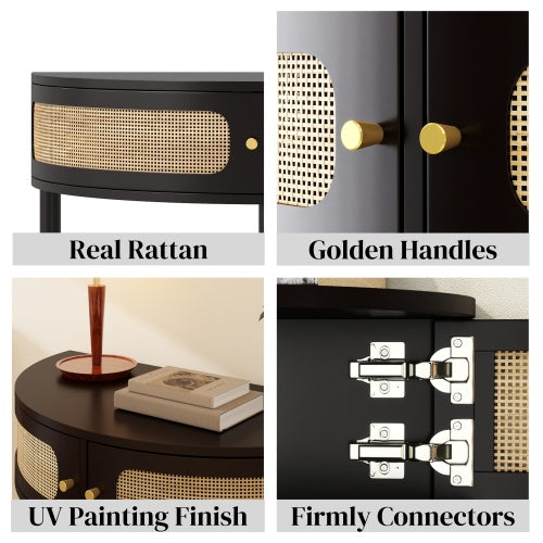 Half Moon Console Table Rattan Sliding Door Storage Entryway Cabinet Black Boho Accent