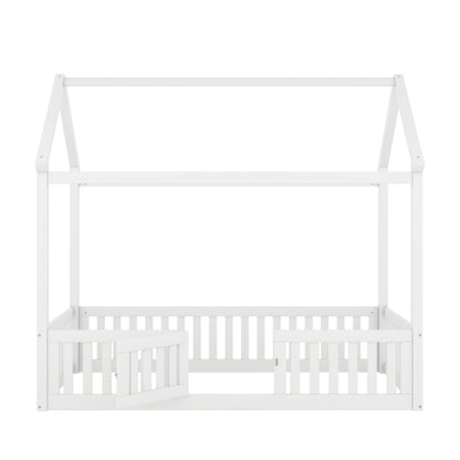 Twin Size Wood House Bed with Fence and Door, White