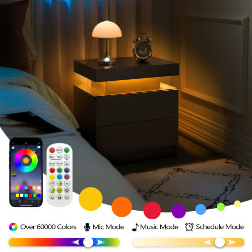 Set of 2 Black LED Nightstands with Drawers
