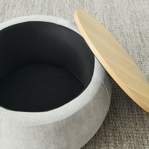 Light Grey Round Pleated Fabric Storage Ottoman with Built-In Stool, 25 inch x25 inch x14.7 inch, 250 LBS Weight Capacity