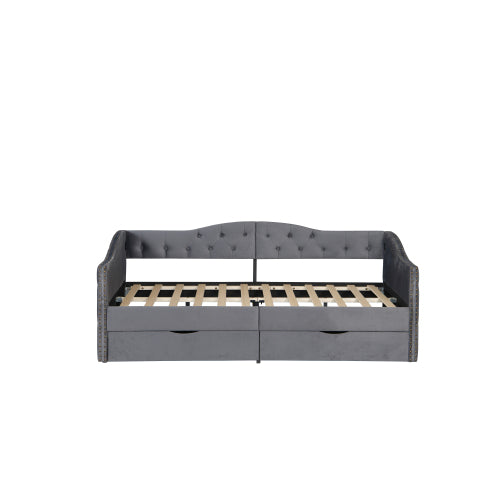 Upholstered Daybed with Storage Drawers, Wood Daybed Twin Size, with USB ports & 2 storage drawers, No Box Spring Needed, Grey