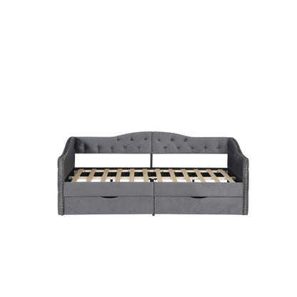 Upholstered Daybed with Storage Drawers, Wood Daybed Twin Size, with USB ports & 2 storage drawers, No Box Spring Needed, Grey