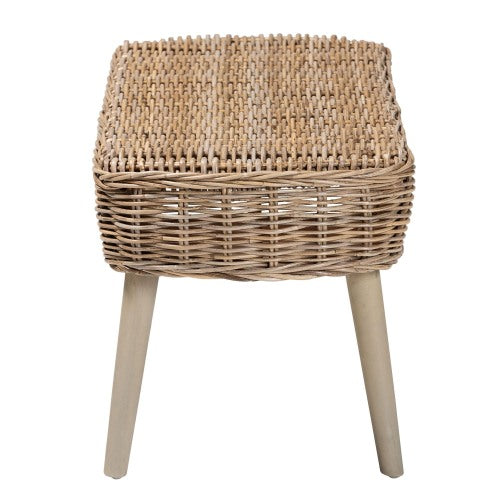 Modern Bohemian Natural Kubu Rattan and Grey Acacia Wood Accent Bench